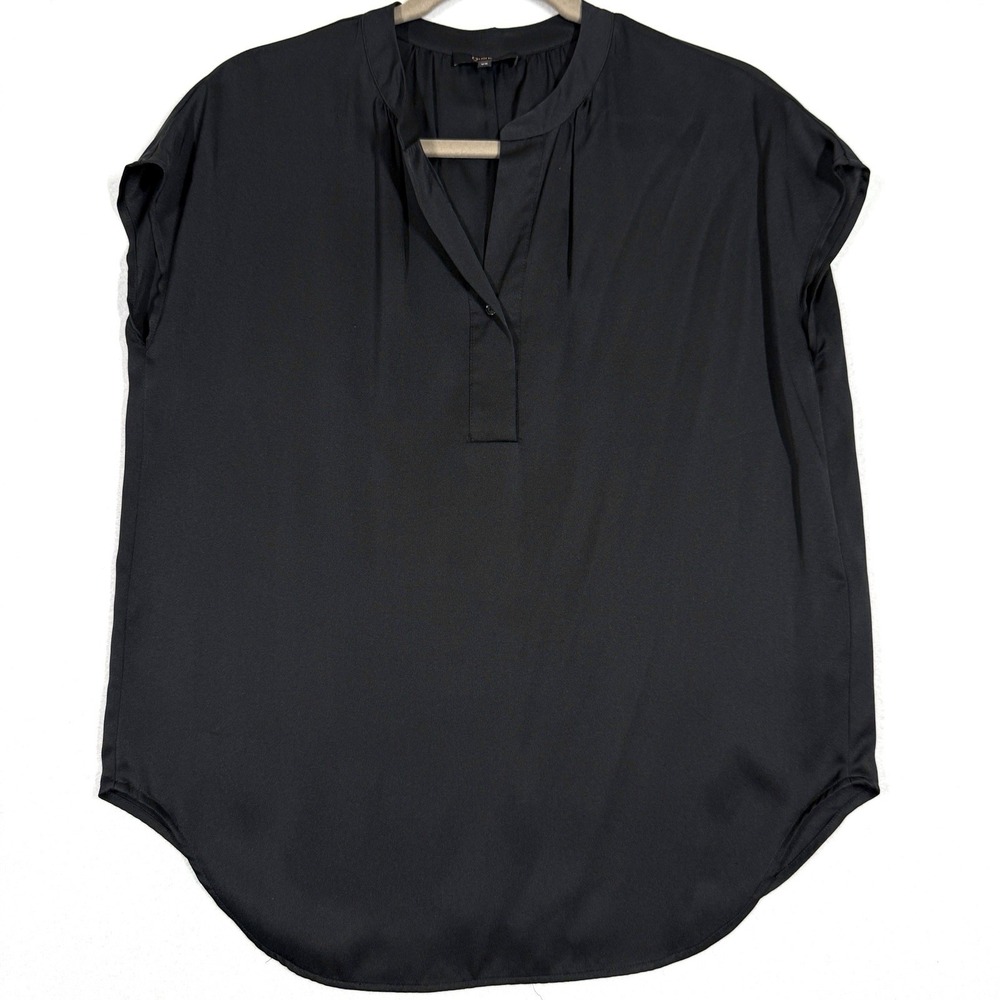 Quince Black Cap-Sleeve Split-Neck Blouse